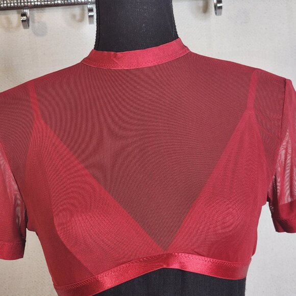 Avidlove Red Mesh Sheer High Neck SS Poly Span Crop Top with Built in Bra Size M - Picture 5 of 16